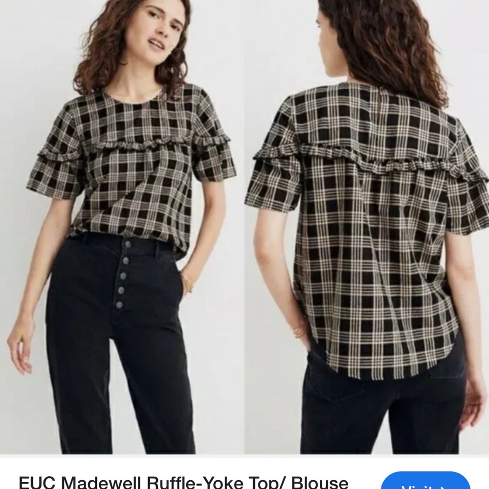 Madewell Black and Tan Flutter Sleeve Ruffled Blouse